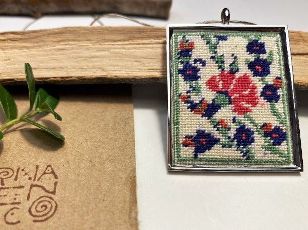 Big unique handmade embroidered pendant in a silver frame. Collection "Ornaments of Turkey"