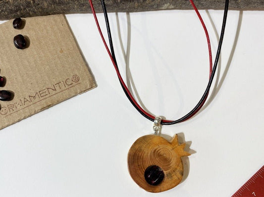Handmade wooden pendant with garnet beads. Made of beech wood and complimented with two garnet beads - Ornamentico shop