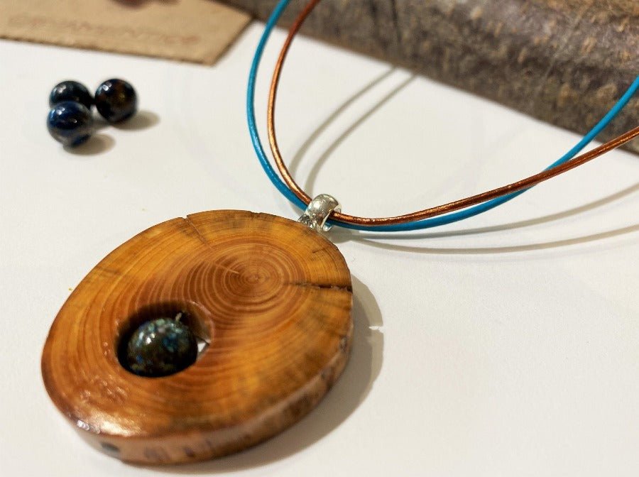 Handmade wooden pendant shattuckite stone bead crafted from polished and lacquered beech wood.