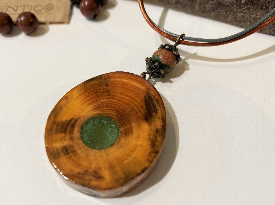 Small handmade wooden pendant crafted from fine polished and lacquered beech wood. Green epoxy resin inlay - Ornamentico shop