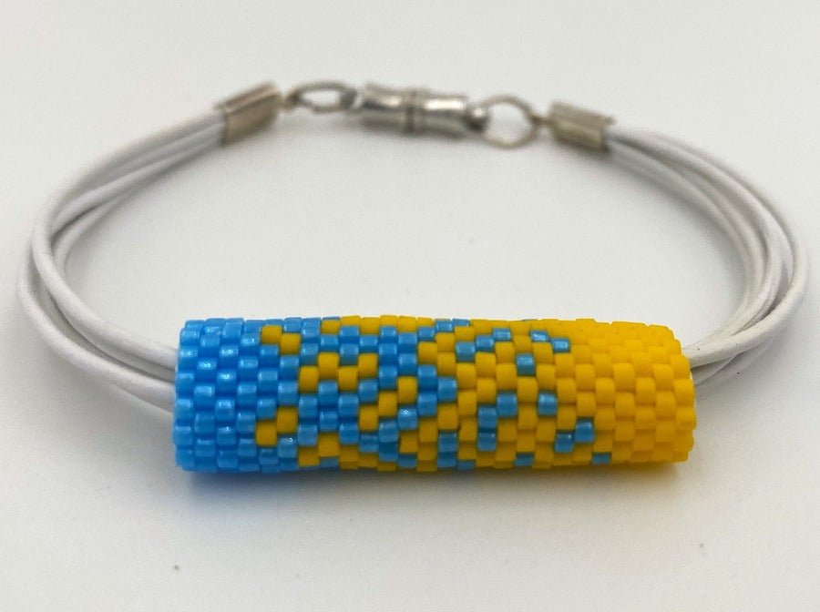 Bracelet on leather cord with beaded insert "Colors of Ukraine" Pixels - Ornamentico shop