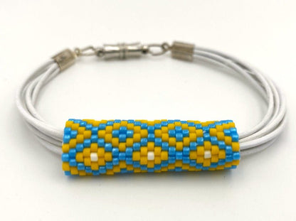 Bracelet on leather cord with beaded insert "Colors of Ukraine" Squares - Ornamentico shop