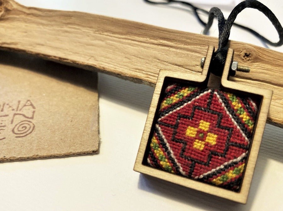 Unique handmade embroidered pendant in a square wooden frame. Collection "Carpets of Anatolia" - Ornamentico shop