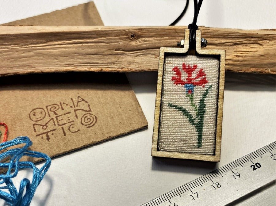 Unique handmade embroidered pendant in a wooden frame. Collection "Ornaments of Turkey" - Ornamentico shop
