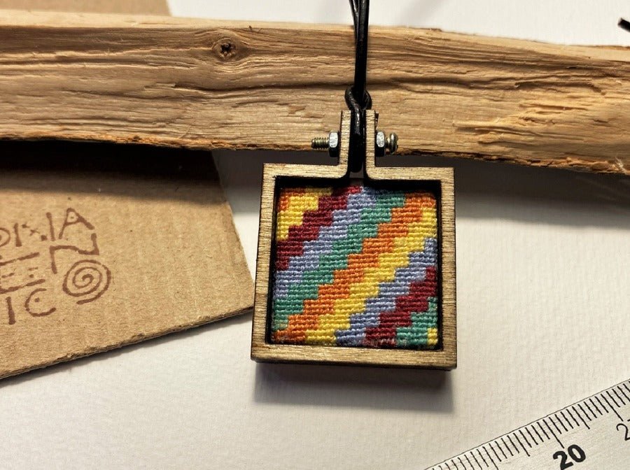 Unique handmade embroidered pendant in a square wooden frame. Collection "Carpets of Peru" - Ornamentico shop