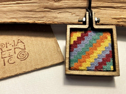 Unique handmade embroidered pendant in a square wooden frame. Collection "Carpets of Peru" - Ornamentico shop