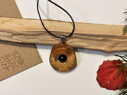 Small handmade wooden pendant with an obsidian bead - Ornamentico shop