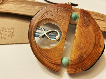 Big wooden pendant with silver inlay and turquoise - Ornamentico shop