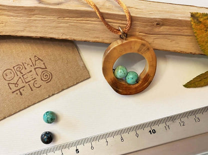 Wooden pendant with two Peruvian turquoise beads. Made of well polished and lacquered beech wood - Ornamentico shop