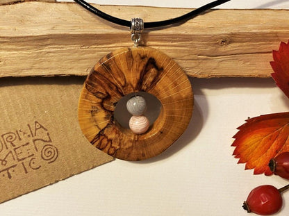 Handmade wooden pendant. Made of polished and lacquered beech wood. Insert of two pink agate stones - Ornamentico shop