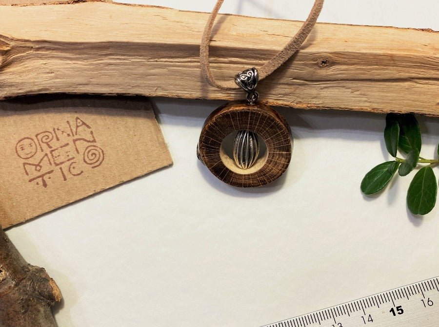 Dark wooden pendant with silver bead, handmade wooden pendant - Ornamentico shop