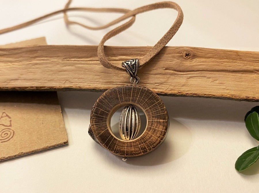 Dark wooden pendant with silver bead, handmade wooden pendant - Ornamentico shop