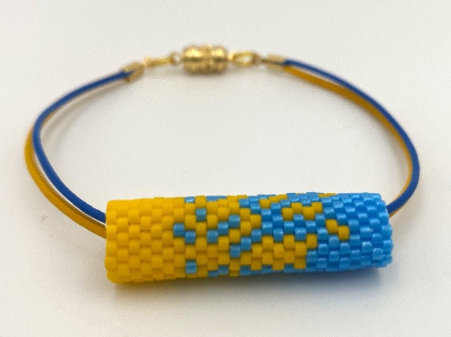 Bracelet on leather cord with beaded insert "Colors of Ukraine" Pixels - Ornamentico shop