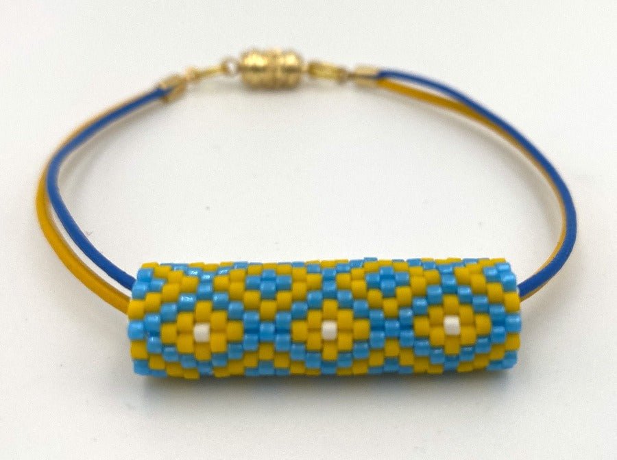 Bracelet on leather cord with beaded insert "Colors of Ukraine" Squares - Ornamentico shop