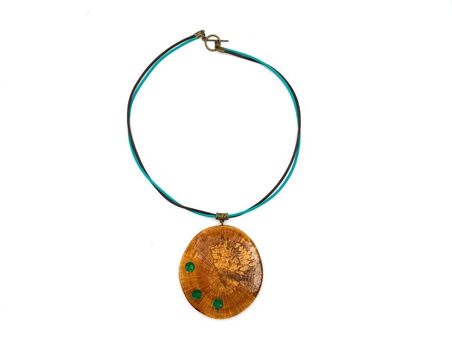 Large handmade wooden pendant with three asymmetric inlays made from polymer clay and imitating malachite - Ornamentico shop