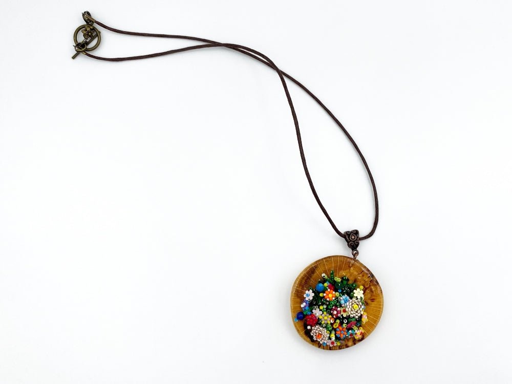 Exclusive colorful wooden pendant with floral sculptural beading inlay - Ornamentico Group