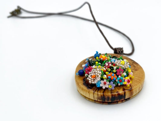 Exclusive colorful wooden pendant with floral sculptural beading inlay - Ornamentico Group