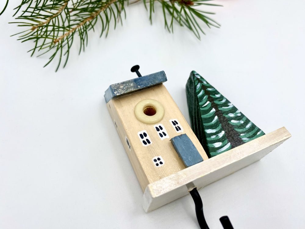Wooden hand painted hook in the shape of a winter house and a spruce - Ornamentico Shop