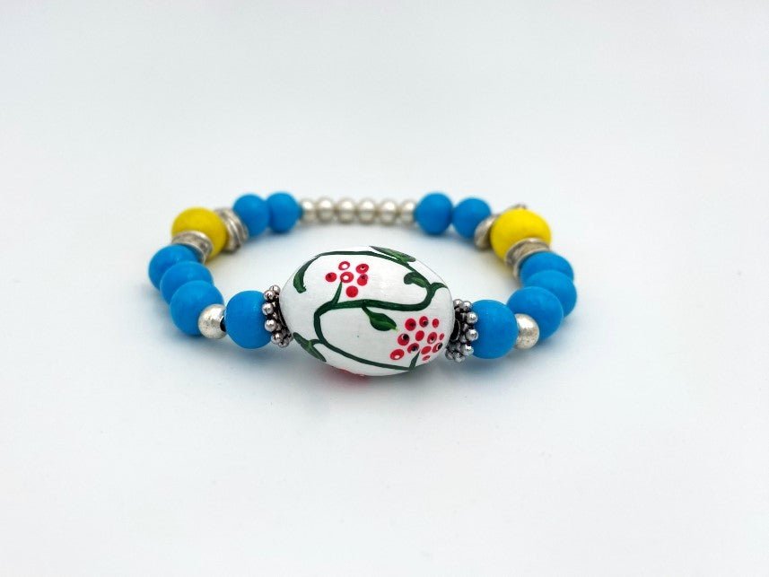 Boho style elegant bracelet from hand painted wooden beads "Kalyna" crafted in colors of Ukrainian flag - Ornamentico shop