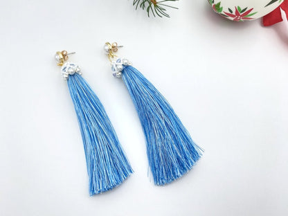 Handmade earrings with long blue tassels covered with beaded cap connected to the small stud - Ornamentico shop