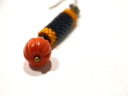 Handmade earrings crafted with polymer clay pumpkin beads and inlays made from Japanese Miyuki beads - Ornamentico shop