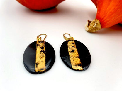 Handmade earrings crafted from black polymer clay with gold foil - Ornamentico shop