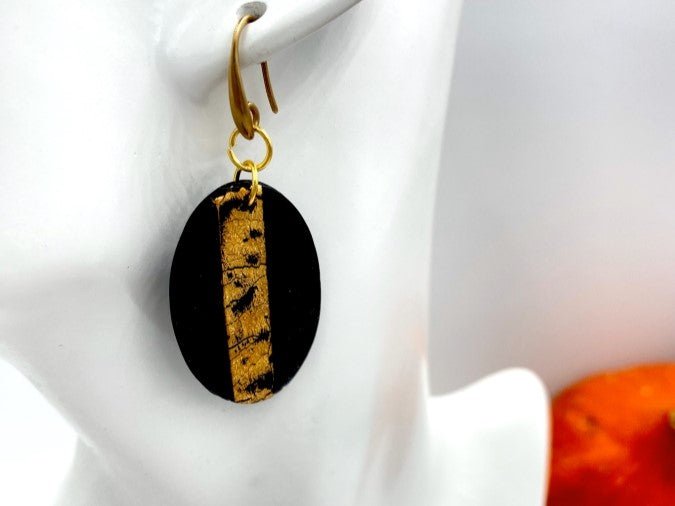 Handmade earrings crafted from black polymer clay with gold foil - Ornamentico shop