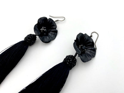 Handmade earrings featuring big polymer clay flower, faceted glass beads and long rayon tassels - Ornamentico shop