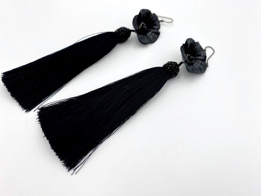 Handmade earrings featuring big polymer clay flower, faceted glass beads and long rayon tassels - Ornamentico shop