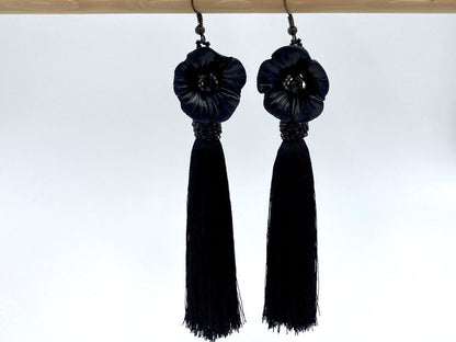 Handmade earrings featuring big polymer clay flower, faceted glass beads and long rayon tassels - Ornamentico shop