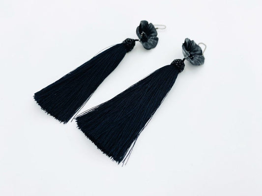 Handmade earrings featuring big polymer clay flower, faceted glass beads and long rayon tassels - Ornamentico shop