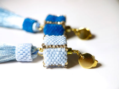 Handmade earrings in blue hues with cubic beads crafted in peyote technique accented with rayon tassels - Ornamentico shop