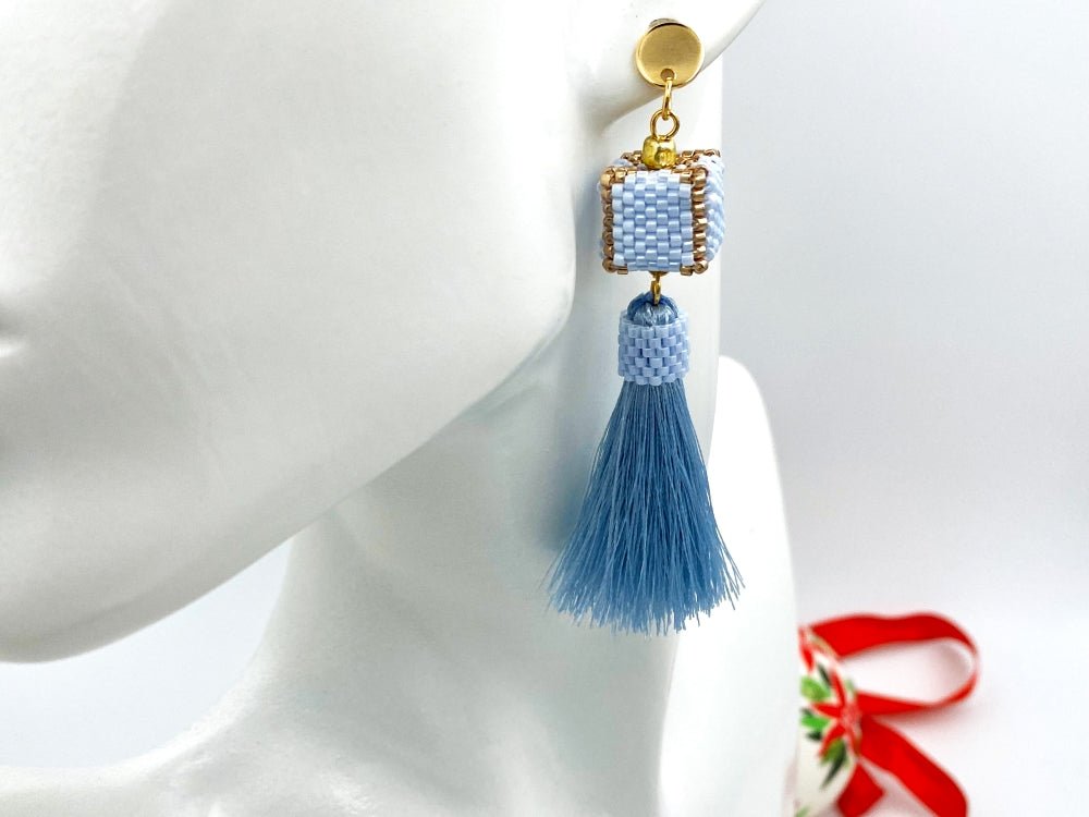 Handmade earrings in blue hues with cubic beads crafted in peyote technique accented with rayon tassels - Ornamentico shop