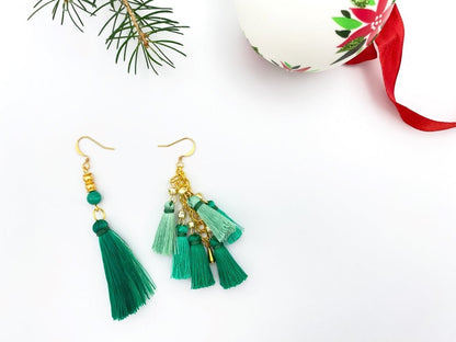 Handmade asymmetric earrings with emerald green tassels, malachite bead and gold-platted fittings - Ornamentico shop