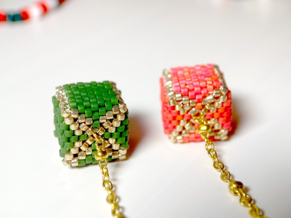 Handmade dangle earrings with two cubic beads made in peyote technique placed on a golden chain - Ornamentico shop