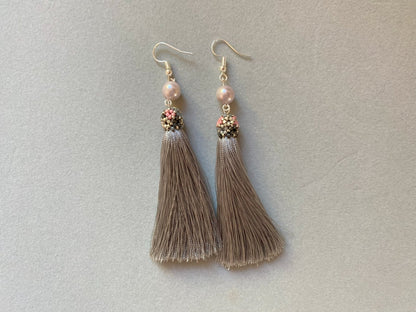 Handmade earrings are crafted from silver grey tassel which is covered with a floral cap from beads - Ornamentico shop