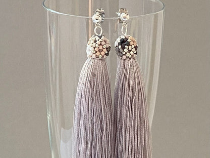 Handmade earrings is crafted from shimmering grey taupe tasse - Ornamentico shop