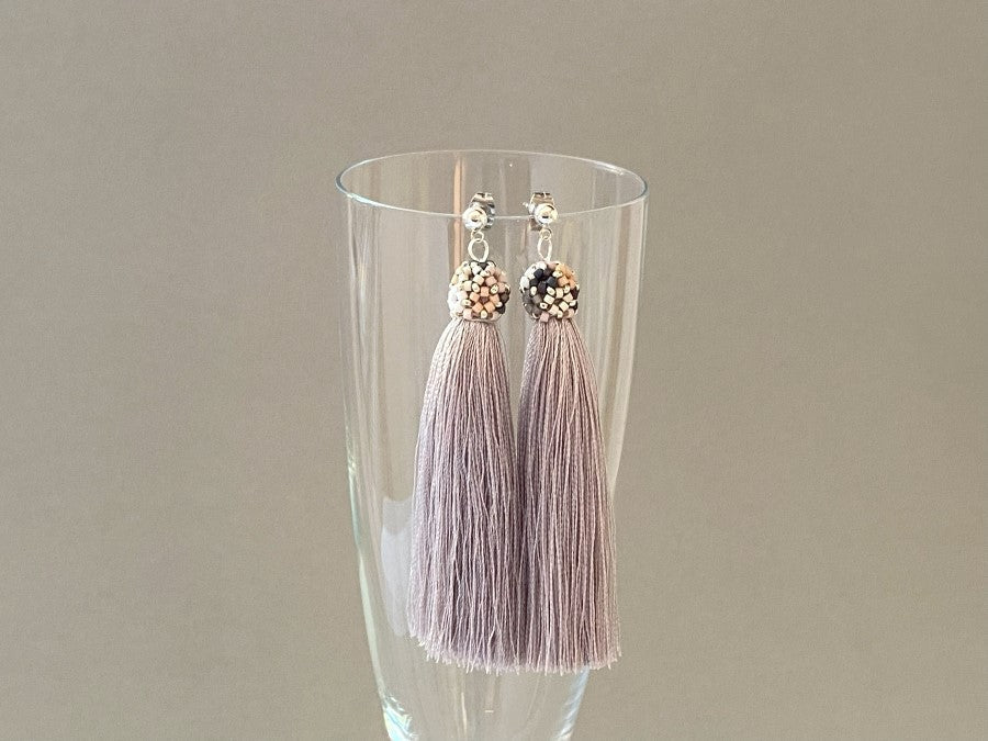 Handmade earrings is crafted from shimmering grey taupe tasse - Ornamentico shop