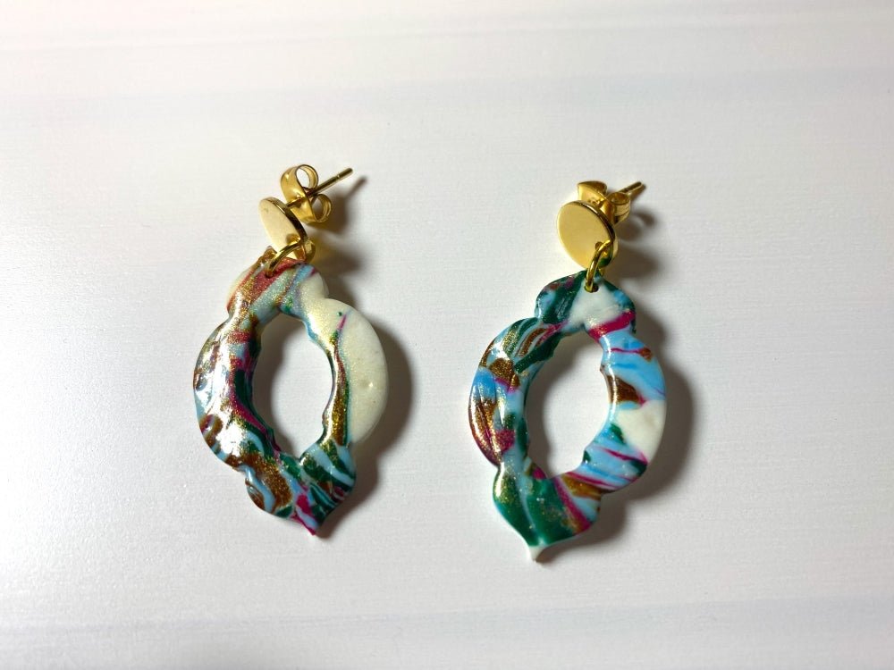 Handmade dangling earrings made from a marble mix of polymer clay and accented with gold platted studs - Ornamentico shop