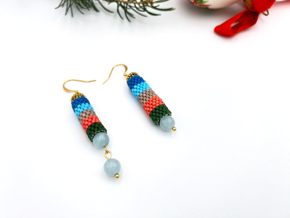 Handmade earrings from Japanese Miyuki beads in peyote technique and accented with aquamarine stones - Ornamentico shop