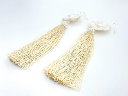 Handmade earrings with malva flower made from polymer clay decorated with river pearl and rayon tassel - Ornamentico shop