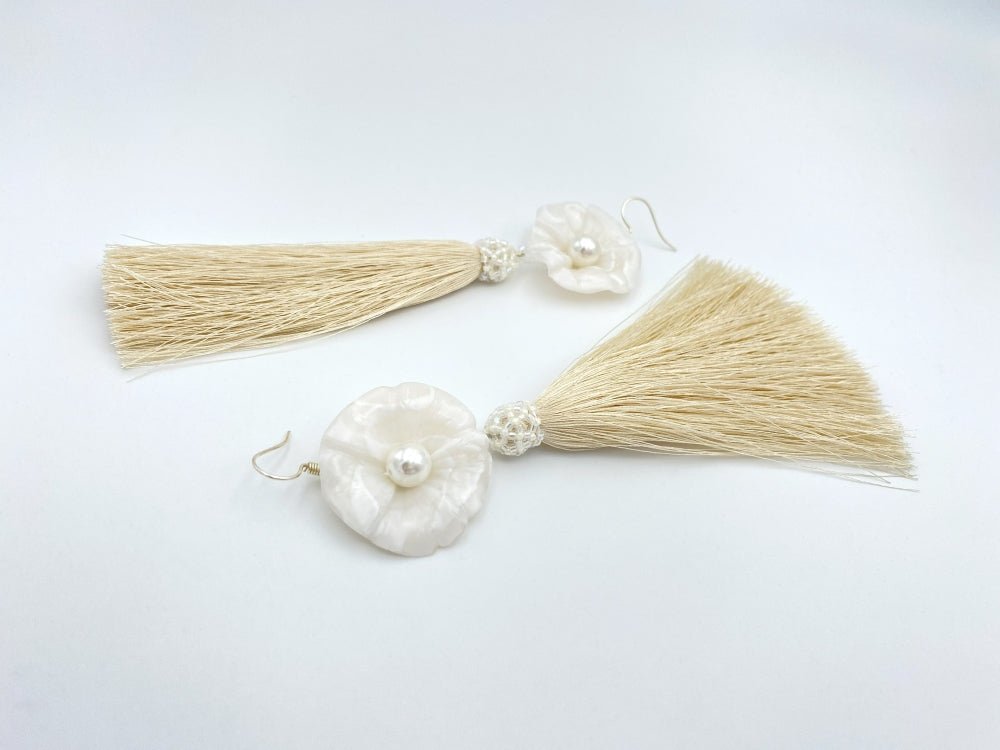 Handmade earrings with malva flower made from polymer clay decorated with river pearl and rayon tassel - Ornamentico shop