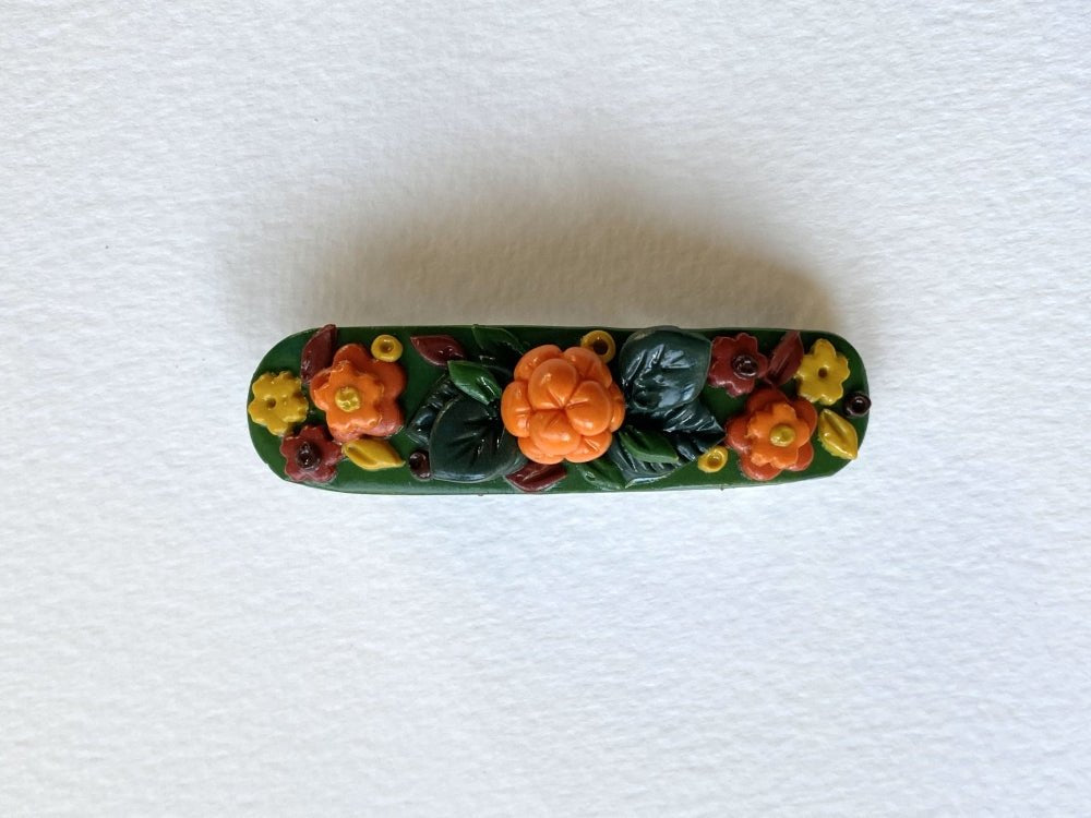 Handmade hair barrette decorated with cloudberry, leaves and flowers made from polymer clay - Ornamentico shop