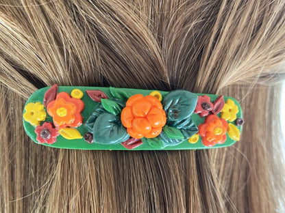 Handmade hair barrette decorated with cloudberry, leaves and flowers made from polymer clay - Ornamentico shop