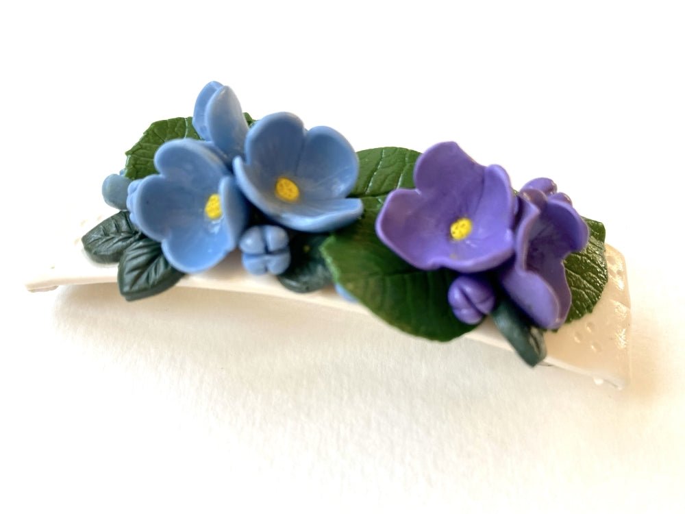 Handmade hair barrette from polymer clay decorated with lilac flowers and leaves - Ornamentico shop