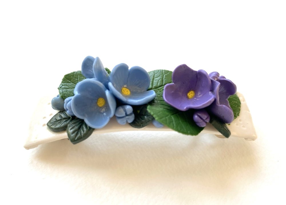 Handmade hair barrette from polymer clay decorated with lilac flowers and leaves - Ornamentico shop