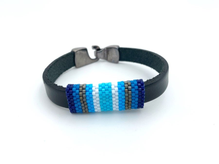 Handmade leather men's bracelet with colorful beaded inlay - Ornamentico shop