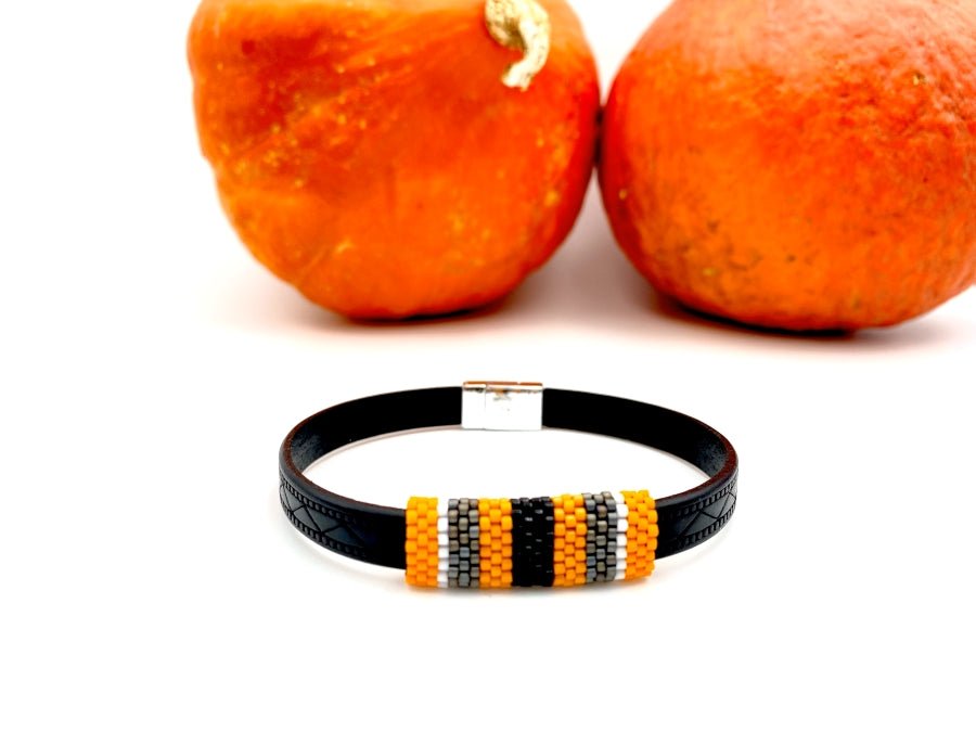 Leather men's or unisex bracelet with beaded inlay for Halloween - Ornamentico shop