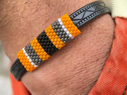 Leather men's or unisex bracelet with beaded inlay for Halloween - Ornamentico shop