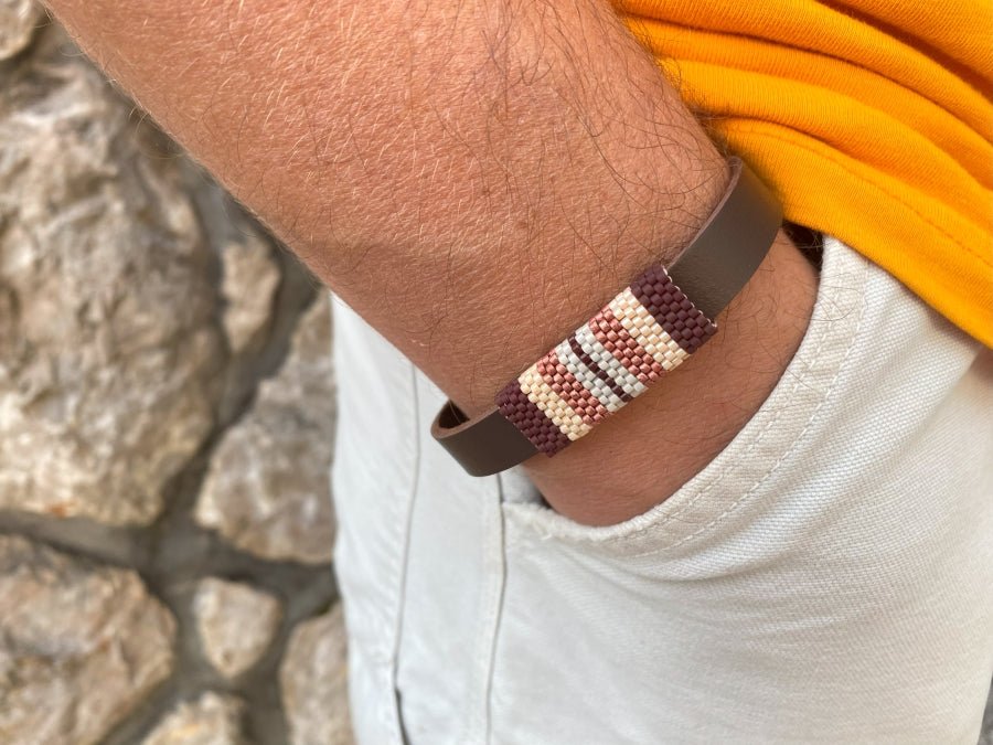 Handmade leather men's bracelet with beaded inlay - Ornamentico shop